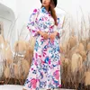 Lässige Kleider Leosoxs 2023 Sommer Frauen Vintage Totem Blumendruck Kleid mit Bogen Weibliche Schärpen Midi Hemd Chic Slim Vestido