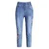 Kvinnors jeans broderade capris Kvinnor 2023 Spring Summer Casual High Elastic Waist Female Ankle-Length Denim Pants