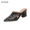 Slippers High Heels Ladies Snakeskin Grain Mules Pointed Toe Black Slides Women Slip On Flip Flops Party Shoes