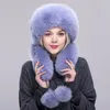 BERETS FXFUR Cappelli di pelliccia autentica Rex Top Long Sciarpa con cappelli femminili inverno Pompom Cappelli russi bombardieri russi