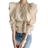 Women's Blouses & Shirts Vintage V-neck Flare Sleeve Polka Dot Women Blouse Elegant Front Buttons Slim Waist Ruffles Female Blusas CL383Wome