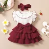 Girl Dresses Toddler Girls Sweet Dress Set Contrast Color Ruffled Round Collar Flying Sleeve A-line Cake Headband