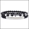 Bracelets porte-bonheur pierre naturelle noir mat bracelet Yoga perles 2 pièces/ensemble mode croix élastique Bracelet pour femmes hommes bijoux Dhs Drop De Dh5Qw