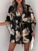 Party Dresses Sexy Printed Batwing Sleeve V-Neck Belted Dress Women Summer Fashion Single Breasted Loose Mini Casual Vacation 2023