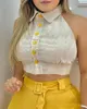 Kvinnors tvådelade byxor 2023 Summer 2-stycken Set High midja Kvinnor Lace Up Backless Jacket Yellow Suspender Top