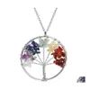 Hänge halsband Tree of Life Quartz Necklace Rainbow 7 Chakra Mticolor Natural Stone Wisdom Leather Chain for Girls Drop Delivery Otali