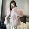 Women's Fur Female Chic Striped Color Genuine Knitwear Coat Women's Winter Clothing Fashion Big Turn Down Collar Jacket WF02