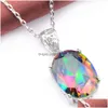 Anhänger Halsketten 10 Stück Luckyshine Frauen Schmuck Regenbogen Mystic Topaz 925 Sterling Silber Oval Zirkon American Australien Hochzeit Drop Dh2G7