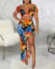 Vestidos de trabalho Mulheres moda casual sexy 2pcs roupas configuradas de manga curta V de pescoço superior cintura alta flor Flor floral