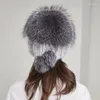 Basker jkp kvinnor höst och päls hatt för vinter äkta mink med silver pom poms topp beanies ryssland mössa