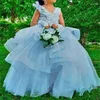 Fille Robes Bleu Fleur Filles Pour Mariage Illusion Longue Dentelle Sans Manches Tulle Enfants Fête Bridemade Enfants Robes