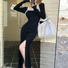 カジュアルドレス韓国のコントラストカラーステッチ長袖ドレスの女性2023秋の正方形の襟セクシーなスリムプリーツフィッシュテール