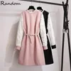 Robes décontractées Femmes Automne Hiver Rose Robe noire dentelle à manches longues mode streetwear plus taille dames travail laine avec ceinture vêtements