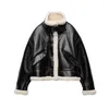 Women's Leather Streetwear Women's Jacket Fashion Motorcycle Lamb Wool Black Coat With Fur Fleece Faux Female Top