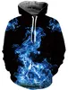 Hoods Hoodies Realistische 3D -print Blue Flame Fire Hoodie Pullover Hooded Sweatshirt met grote zakken