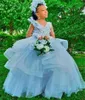 Fille Robes Bleu Fleur Filles Pour Mariage Illusion Longue Dentelle Sans Manches Tulle Enfants Fête Bridemade Enfants Robes