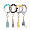 Nyckelringar Summer Sile Elastic Wooded Beads Armband Charm Tassel Pendant Keychain Wristlet Armband Bangle Q264FZ Drop Delivery Jewe DHGFV