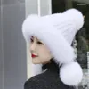 Bérets Chapeau d'hiver pour femme Boule de fourrure véritable Russe Vison naturel Bonnet chaud Dames Chapeaux tricotés