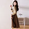 Casual Dresses Women's Long Sleeve 2023 Fall Celebrity Chic Contrast Color Flowy Coffee Black Dress