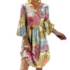 Casual Dresses Summer For Women Plus Size Print O Collar Crewneck 3/4 Bell Sleeve Loose Tunic Dress Elegant