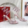スティレットサンダルシャンデラールネヌードクリスタルランプ飾りサンダルの靴女性のためのスティレットヒールグリッターソール 9.5 センチメートル女性デザイナーハイヒールパーティー結婚式