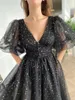 Party Dresses RU113 Glitter Black Tulle Short Prom With Puff Sleeves Golden Stars V Neck Length Formal Gowns Pockets