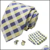 Neck slips Set Business for Men Silk Ties Dots Slips Plaid Cufflinks Wedding Fashion Accessories 145cm Drop Delivery Otqd2