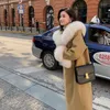 Women's Wool 2023 Vintage Mustard Color Luxury Real Fur Hooded X-long Oversize Woolen Coats Outerwear