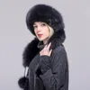 BERETS FXFUR Cappelli di pelliccia autentica Rex Top Long Sciarpa con cappelli femminili inverno Pompom Cappelli russi bombardieri russi