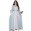 Ethnic Clothing 2 Pieces Abaya Arabic Party Suit Muslim Evening Belted Set Satin Beading Open Abayas Slip Long Dress Women Matching Sets