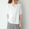 Damen-T-Shirts Johnature Damen-T-Shirts aus Baumwolle und Leinen, lässig, koreanischer Stil, 2023, Sommer, kurz, kurzärmelig, V-Ausschnitt, einfarbig, T-Shirts für Damen