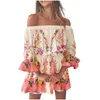 Casual Dresses for Women Party Wedding Beach Sexig Off Shoulder Tunic Sundresses Löst fit Bell Sleeve Mini Floral Dress Robe Femme