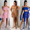 Abiti da lavoro Sexy See Through Women Sets Summer Holidays Mesh 2PCS Set Flare Sleeve Bandage Crop Top Mini Gonne Night Club Partywear