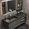 Conjunto de acessórios de banho Luxo de placa de rocha luxuosa personalizada Combinação de armário de banheiro de uma peça moderna de lavagem de madeira maciça moderna