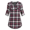 Frauenblusen im Reißverschluss Hemd für Frauen elegante Casua Tops V-Ausschnitt Plaid gedruckter Tunika Rollted Bluse Langarmreisen