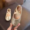 Atletiska skor 2023 Girls Ballet Flats Baby Dance Party Glitter Children Gold Bling Princess 3-12 Years Kids