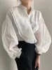 Kvinnors blusar 2023 Patchwork Tulle transparent eleganta skjortor Korean Fashion Spring Autumn Chic Lady Tops Lantern Sleeve Camisas