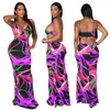 Abiti casual Estate Sexy Abito lungo da donna Vita alta Scollo a V Aperto sul retro Senza maniche Vacanze Spiaggia Sling Print Robes