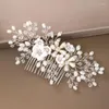 Hair Jewelry Wedding Flower Headdress Combs For Bride Silver Rhinestones Pearls Women Hairpins Bridal Headpiece Jewellery