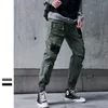 Men's Pants 2023 Hip-Hop Jogging Cargo Men Harajuku Multi-Pockets Ribbon Sweatpants Streetwear Casual Black Trousers Techwear