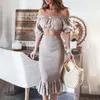 Платье для платья Bodycon Femme Off Plouds Tops and Skirts 2pcs Set Sleim Summer Commiting Women Party Club Sexy Ruffles outfittwo