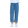 Jeans Cowgirl Casual With Strawberry Embroider Fashion Kids Loose Trousers Straight Solid Pants Blue Soft Denim