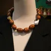 Choker JBJD Retro 18mm Wood Beads Natural Pearl Strand Coffe Handmade Handmon