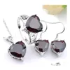 Bröllopsmycken set LuckyShine 3 PCS Set Classic Vintage Red Love Heart Garnet Gems Sier Pendant Ring Earring for Women Drop Deliver Dhsvy