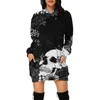 여성용 캐주얼 드레스 2023 할로윈 두개골 인쇄 긴 슬리브 까마귀 스웨트 셔츠 주머니 풀오버 드레스 패션 여성