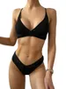 Dames badmode sexy massieve zwarte geribbel bikini's 2023 mujer high taille zwempak vrouwen v nek vrouwelijke sport badpak streep biquini