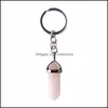 Arts and Crafts Natural Stone Hexagonal Prism Keychains Genezing Amethist Pink Crystal Car Decor Key Rings Chain Keyholder for Women Dhybm