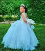 Fille Robes Bleu Fleur Filles Pour Mariage Illusion Longue Dentelle Sans Manches Tulle Enfants Fête Bridemade Enfants Robes