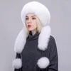 BERETS FXFUR Cappelli di pelliccia autentica Rex Top Long Sciarpa con cappelli femminili inverno Pompom Cappelli russi bombardieri russi