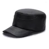 Berets Leather Hat Cowhide Peaked Cap For Autumn And Winter Men's Warm Military Flat